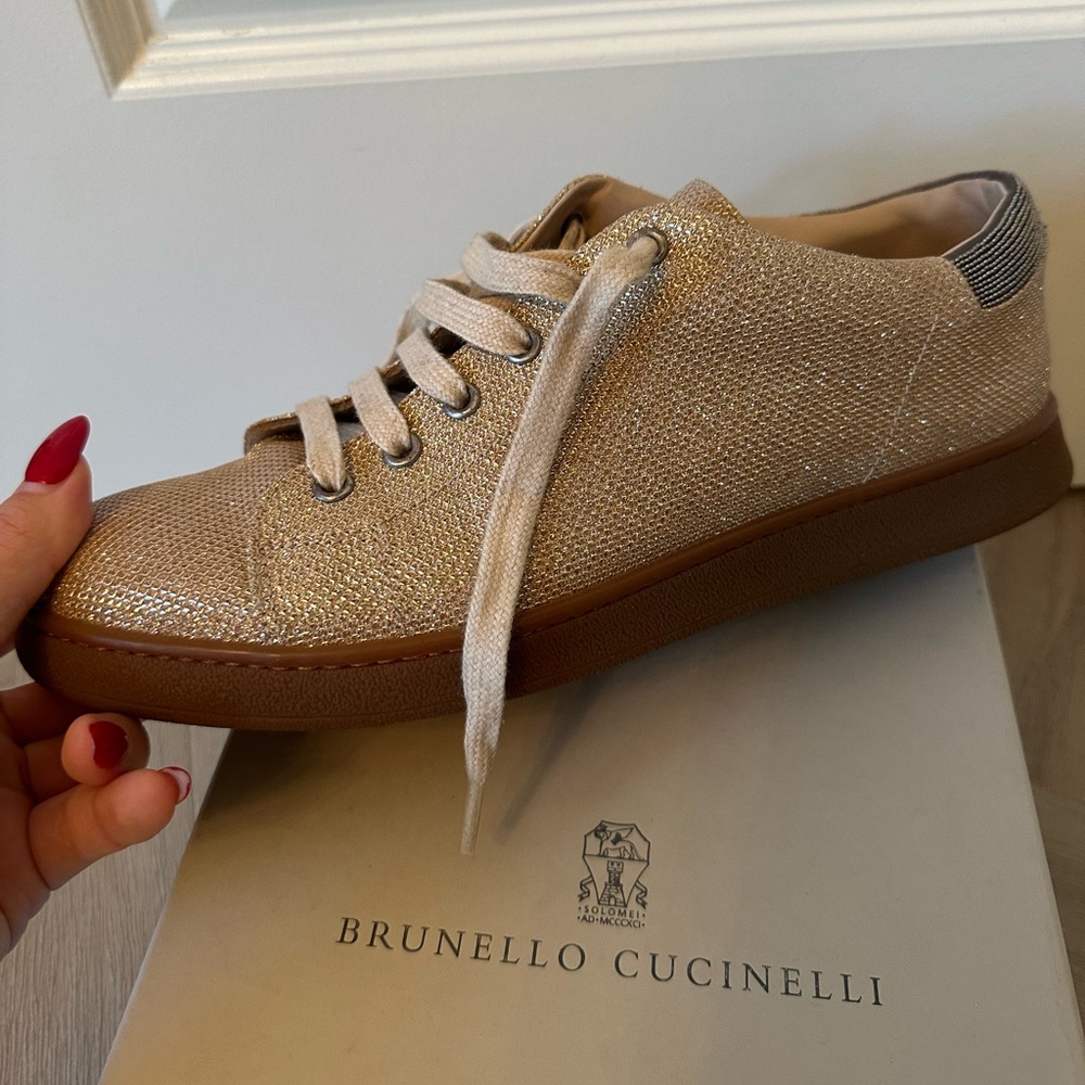Brunello Cucinelli Beige Glitter Fabric Low Top Sneakers